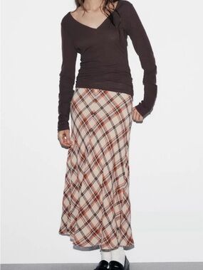Zara Plaid Maxi Skirt in Cream and Brown